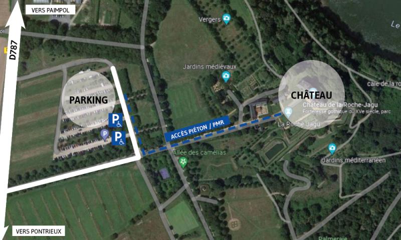 Le parking se situe à 300m du château, en ligne droite, accessible PMR avec une pente de moins de 5%